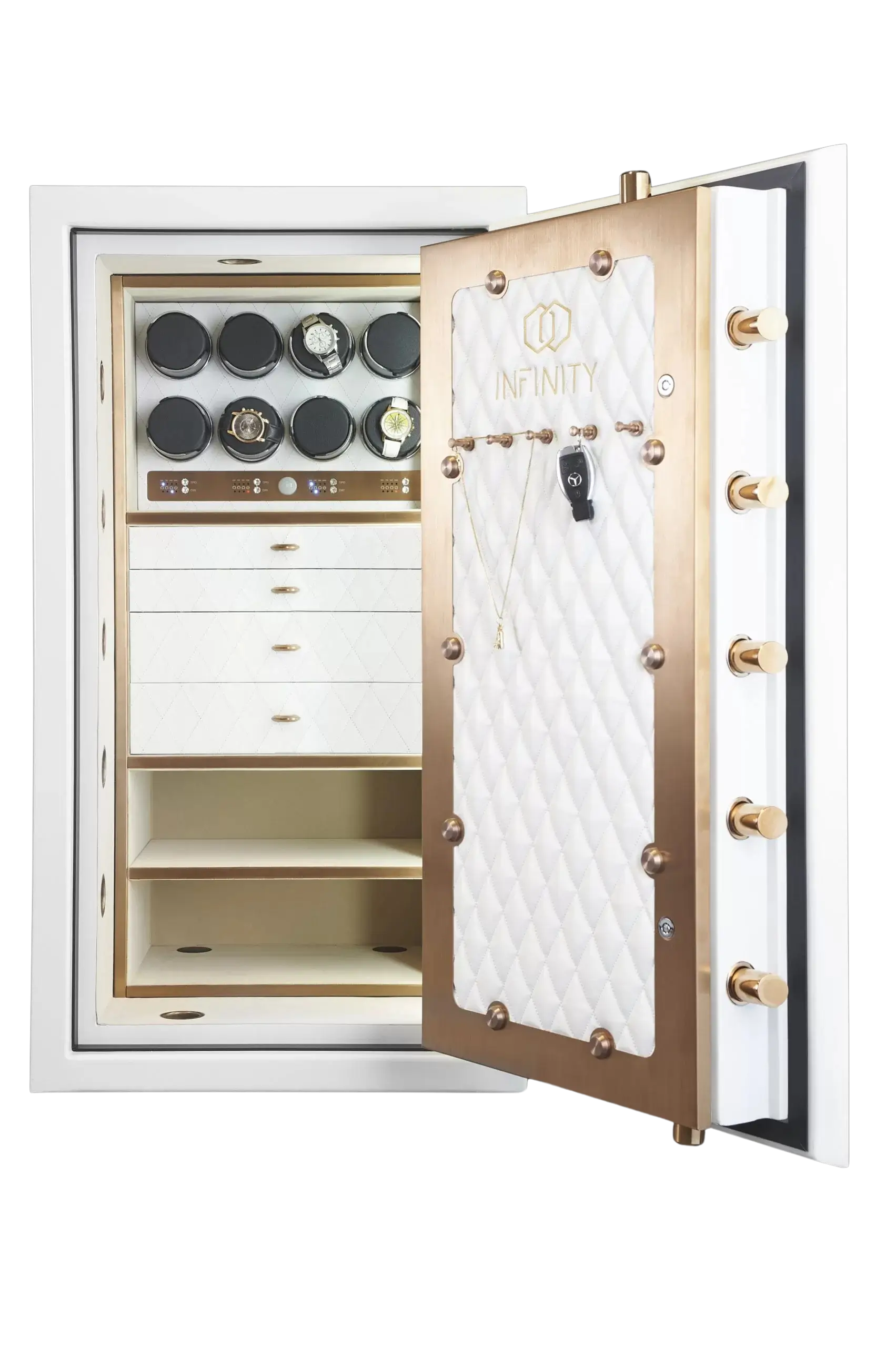 White Infinity safe with watch winders, cream drawers and a quilted door with bronze trim