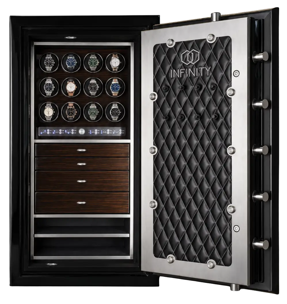 Black Infinity safe open to watch winders and timber drawers