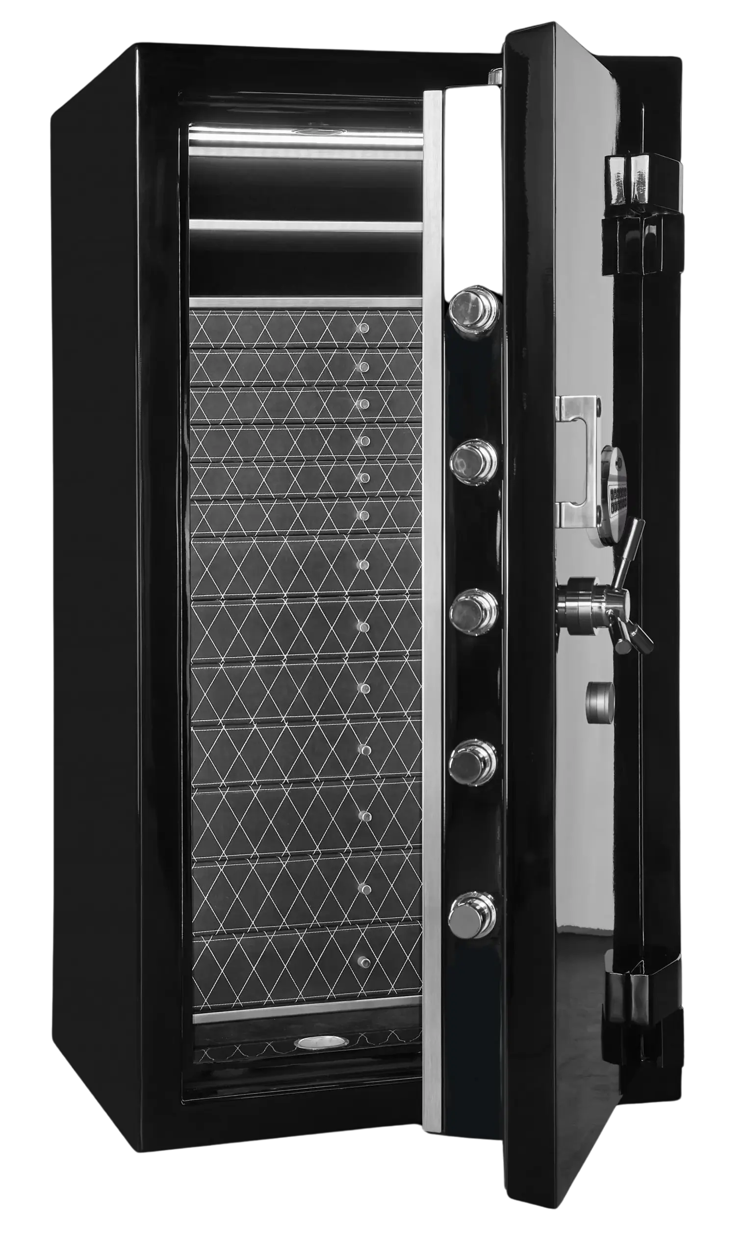 Black Infinity FA140 safe with an illuminated interior and door open