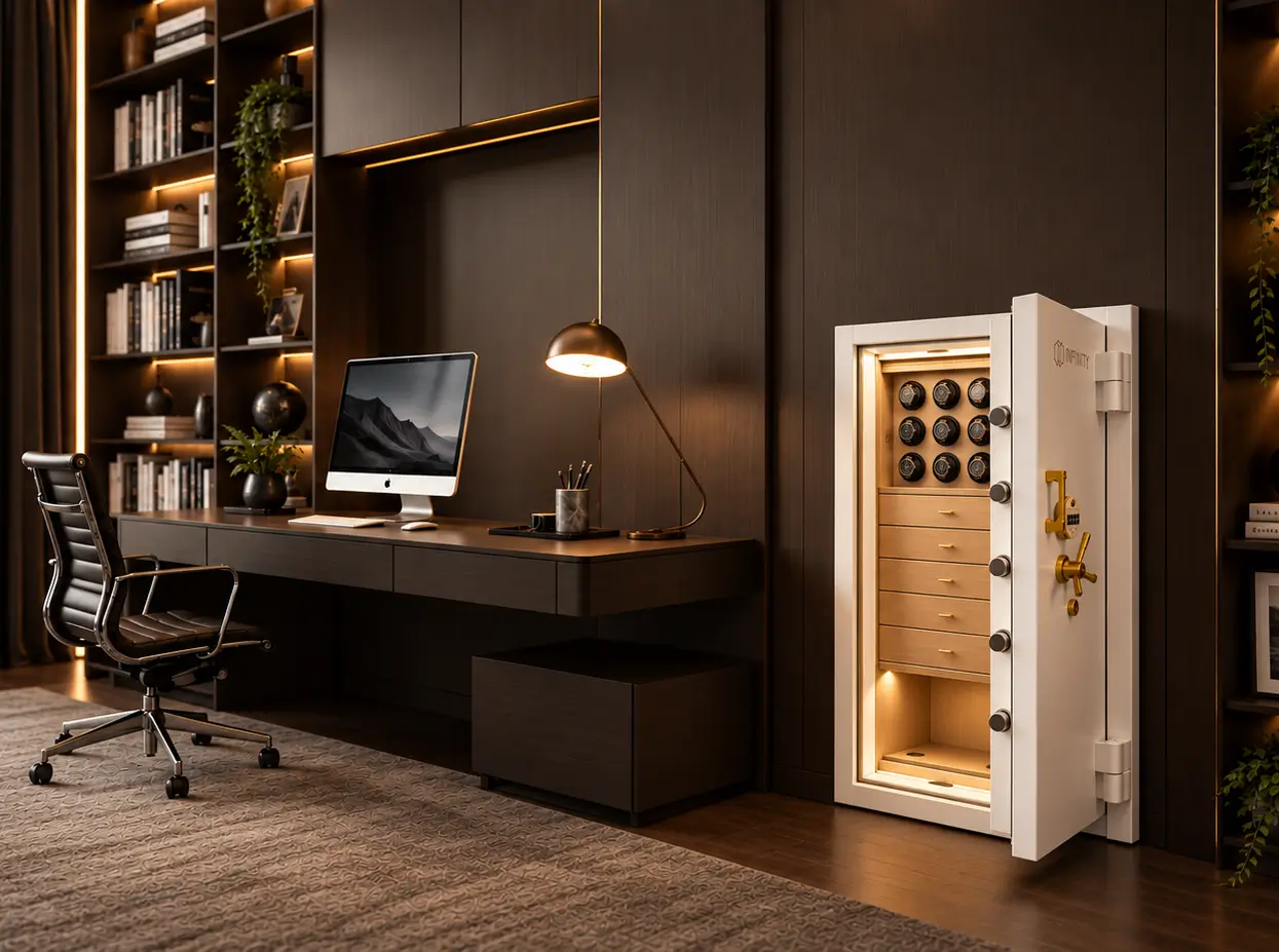 Infinity safe with watch winders installed in a luxury home study