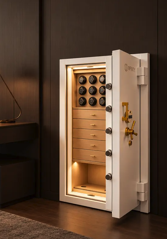 White Infinity safe with watch winders and timber drawers built into a dark timber wall