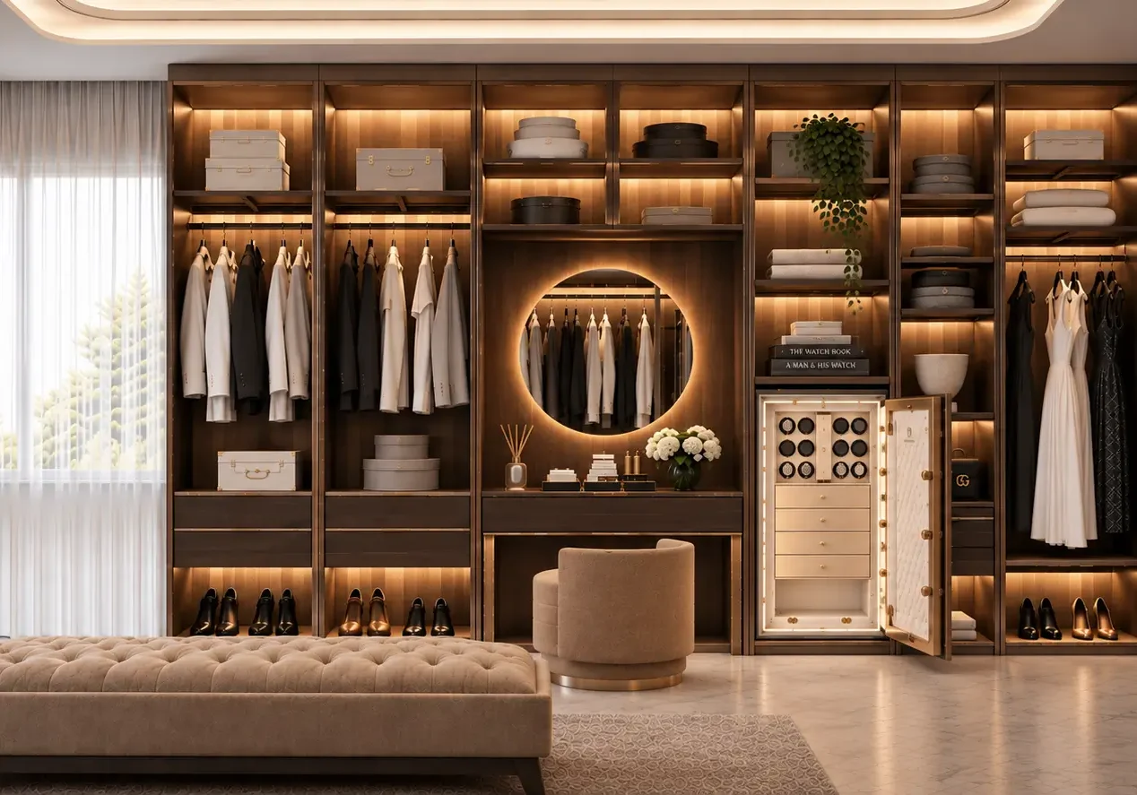 Luxury walk-in wardrobe with an Infinity safe installed