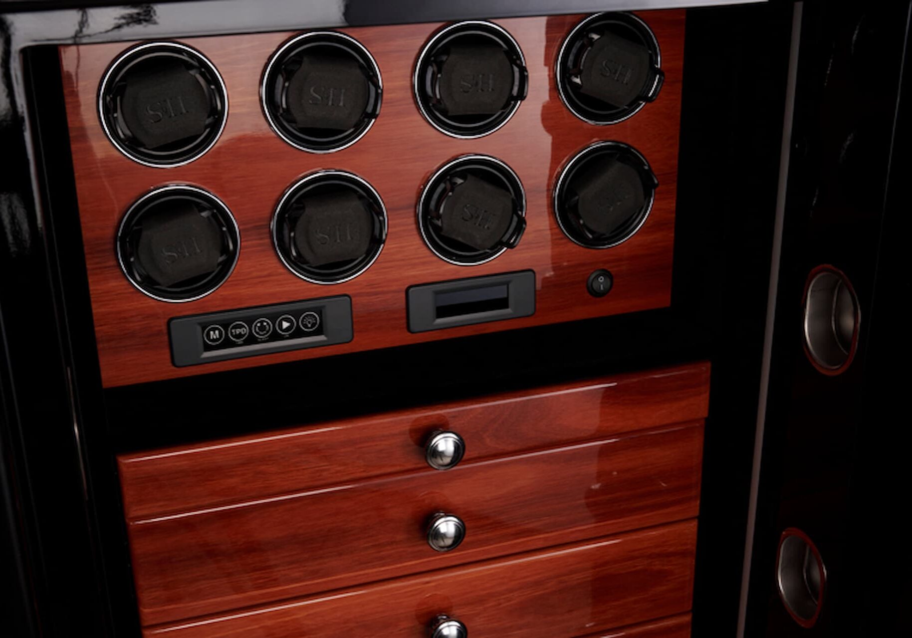 Eight watch winders above polished jarrah drawers in a black gloss Infinity TI-120 safe
