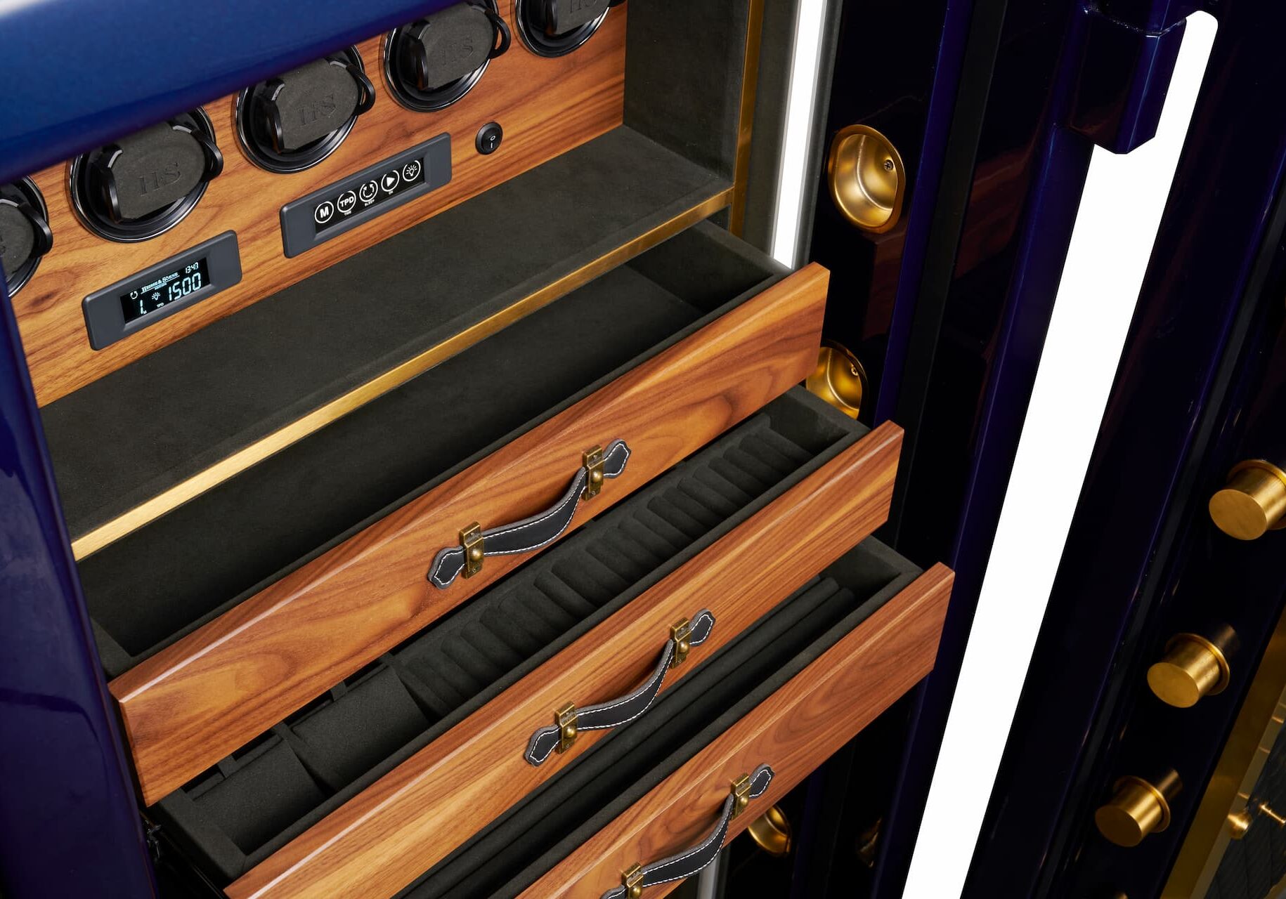 Open walnut drawers with leather handles inside an Infinity TI-140 safe